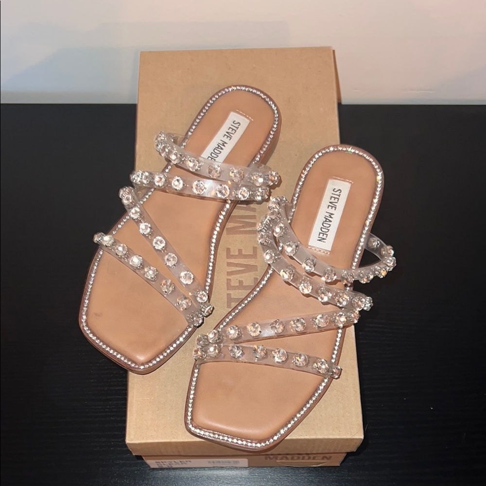 Steve Madden Crystal Embellished Rhinestone Tan Sandals